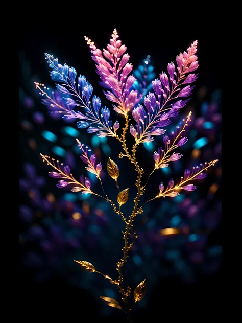 branch of delicate lilac flowers, super transparent, holy light, beautiful spectral light, petals glow, flashing, dark background, drops of transparent light, reflective light, bright, light streaming in, optics, portrait profile, sharp focus, magical, int...