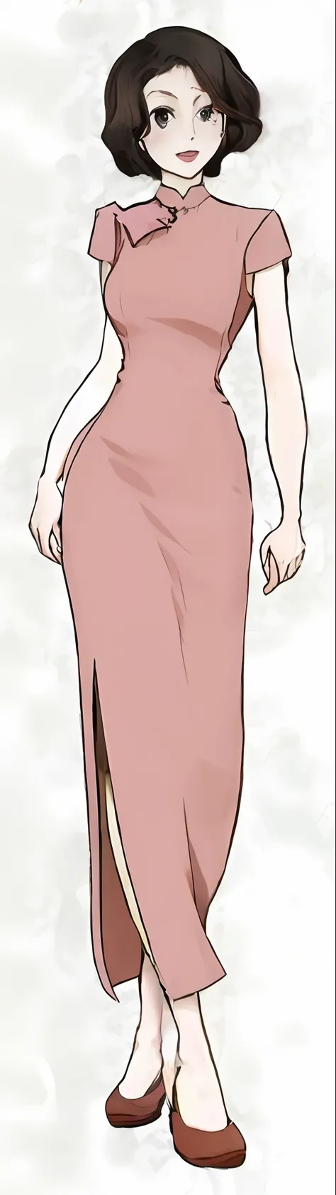 Caricature of a woman in a pink dress and brown shoes, standing elegant pose, doing an elegant pose over you, style in ghibli anime, Wearing a long dress, wearing long gown, wearing evening gown, Yandere. Tall, hand on hips, shift dressess lower, Womens lo...