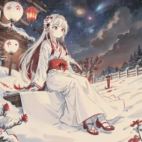 (((masterpiece))), (((best quality))), ((ultra-detailed)), (illustration),beautiful detailed sky ,night,stars,(1girl)((an extremely delicate and beautiful girl)),red eyes,dramatic angle,small breasts,(((full body))),hood,cold face and white shirt,(((long w...