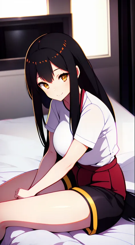 1girl, long black hair, yellow eyes, detailed eyes, huge breast, white plain shirt, red shorts, white socks, sitting on bed, bed...