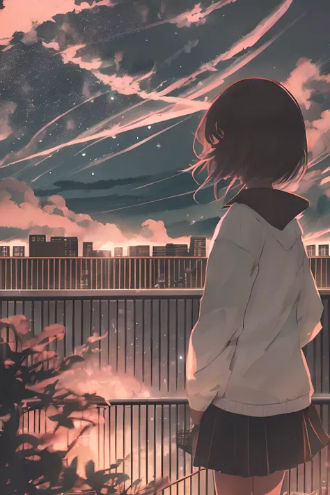 anime,silhueta,1girl, estrela (heaven), cloud, cityscape, barcelona from park güell building, cidade, ao ar livre, highrise, luz...