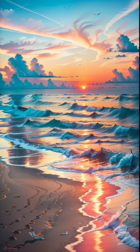 An absolutely mesmerizing sunset on the beach, with orange, pink, white boats and yellow filling the sky. The water is crystal clear, gently kissing the shore, and the white sand beach stretches as far as the eye can see. The scene is dynamic and breathtak...