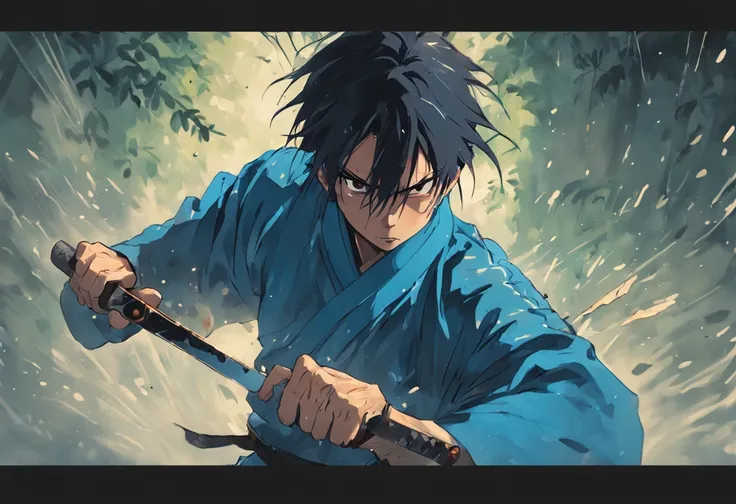 an extreme closeup shot:Male swordsman，Hands are normal，The body does not twist，Hair soars，Wielding a blue light knife，With a murderous expression on his face。Martial arts action，Fighting posture，Motion blur，Bamboo forest in the rain，lightand shade contras...