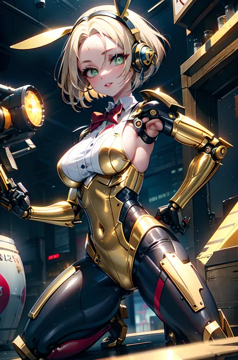 beautiful mechanical woman, solo, (half closed eyes, green eyes), (masterpiece eyes:1.3), BREAK, seductive smile, (mechanical bunny girl: 1.3), (black exoskeleton leotard: 1.3), (golden color mechanical joints, mechanical arms, mechanical legs:1.3), (expos...