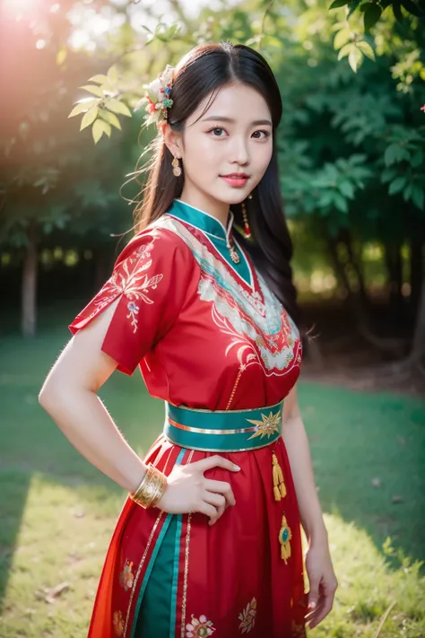 （8K分辨率，Vista full body photo），（1womanl，20yr old，（Facial features of Thai Aum：1.8，s delicate face），详细的脸，Redlip，Fair smooth skin，（Classic Hmong costume：1.4，（nedium breasts、The back is decorated with floral fabric，The cuffs are multi-colored horizontal strips...