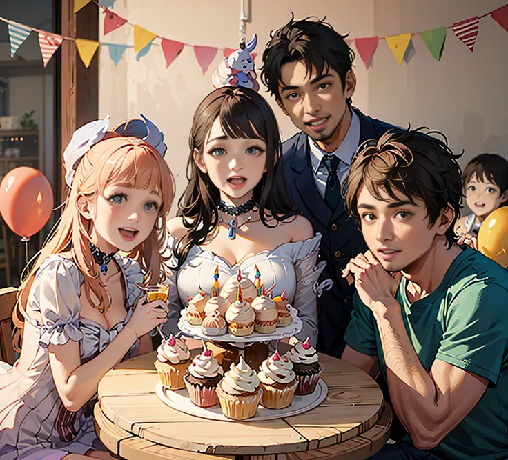 there were 4 people posing for a photo with cupcakes, film promotional image, birthday party, japanese live action movie, still ...