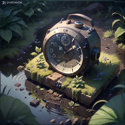 An abandoned alarm clock is half buried in the mud，Build nests for insects，There are flowers growing on it, isometry，top views，down view，high-angle, Big surreal，Realistic 3D game art，45 degree lock viewing angle