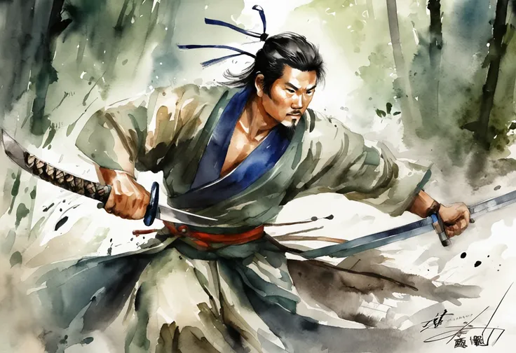 an extreme closeup shot:Male swordsman，Hands are normal，The body does not twist，Hair soars，Wielding a blue light knife，With a murderous expression on his face。Martial arts action，Fighting posture，Motion blur，Bamboo forest in the rain，lightand shade contras...