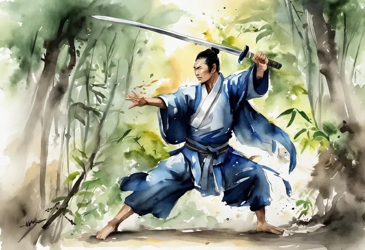 an extreme closeup shot:Male swordsman，Hands are normal，The body does not twist，Hair soars，Wielding a blue light knife，With a murderous expression on his face。Martial arts action，Fighting posture，Motion blur，Bamboo forest in the rain，lightand shade contras...