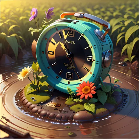 An abandoned alarm clock is half buried in the mud，Build nests for insects，There are flowers growing on it, isometry，high-angle, Big surreal，Realistic 3D game art，True light，warm sunlight