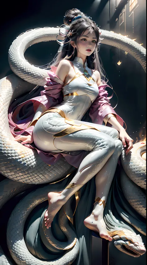 Kizi，Snake demon，(Beautiful feet), (Beautiful fingers)，long whitr hair, glowing hairs, (Ultra-detailed hand close-up), ((Detailed close-up of the face)), hair adornments, (Light silk), (Glazed tulle），(Subtle warm light), (Extremely colorful), Movie special...