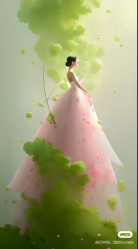 In the field stood a woman in a pink dress, lady with glowing flowers dress, inspired by Igor Kieryluk, draped in fleshy green and pink, inspired by Wadim Kashin, by Russell Dongjun Lu, inspired by Yanjun Cheng, inspired by Hsiao-Ron Cheng, inspired by Ray...