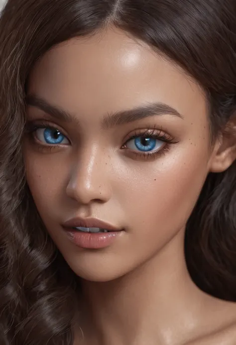 masterpiece, best quality, 1girl, afro hair, dark hair, shiny hair, ((blue eyes)), extremely detailed eyes, shiny eyes, ((dark skin)), shiny skin, skin texture, extremely detailed skin, photo realistic, extremely detailed, high quality , fine detailing on ...