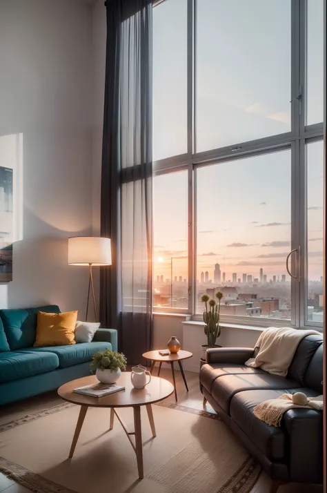 Capture an image of the loft living room at sunset, with the large windows offering a vibrant urban setting. Destaque a luz dourada que banha o ambiente, highlighting the minimalist furniture and the feeling of comfort and tranquility that the space convey...