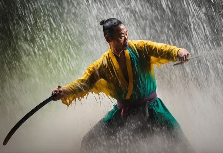 an extreme closeup shot:Male swordsman，Hands are normal，The body does not twist，Hair soars，Wielding a blue light knife，With a murderous expression on his face。Martial arts action，Fighting posture，Motion blur，Bamboo forest in the rain，lightand shade contras...