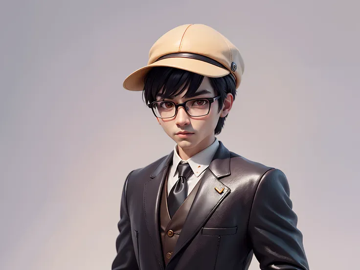 Young man with oriental face in leather hat, tiger, oriental face in formal suit, short black hair, silver glasses, digital painting, 3D character design by Mark Clairedon and Pixar and Hayao Miyazaki and Akira Toriyama, the illustration is a high-definiti...