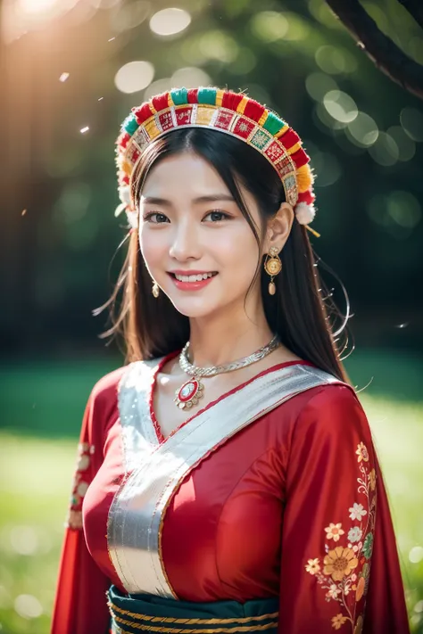 （8K分辨率，Vista full body photo），（1womanl，20yr old，（Facial features of the Aum Shinrikyo Church in Thailand：1.8，s delicate face），详细的脸，Redlip，Fair smooth skin，（Classic Hmong costume：1.4，（nedium breasts、The back is decorated with floral fabric，The cuffs are mul...