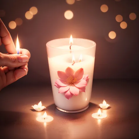 Photo of realistic hand holding flower candle, Vela rosa, vela com glitter, vela com chama iluminada, super realista, Hiper realista, 8k.