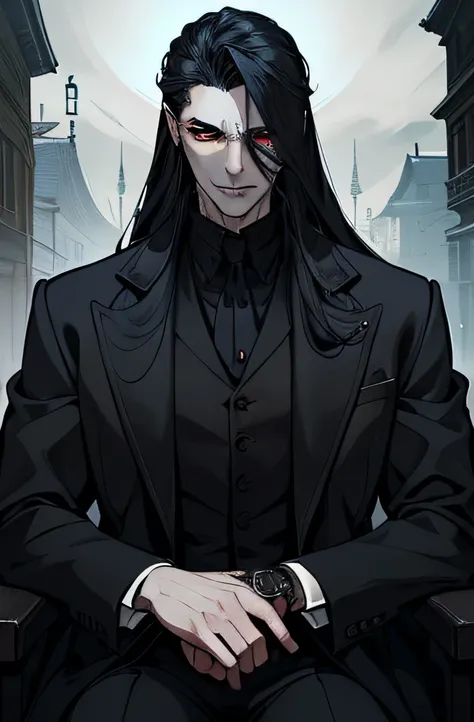 The vampire wears a long black coat，The coat fits snugly to its slender figure，It shows a mysterious and majestic atmosphere。The collar of his coat stands high，Cover his neck，It gives a gloomy feeling。The fabric on his body reveals a looming pattern，As if ...