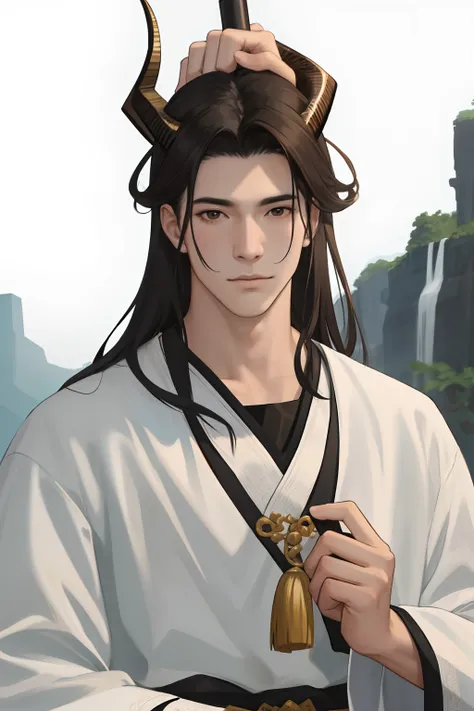 NSFW, obra-prima, melhor qualidade, ultra-detalhado, semi-realista, detailedfacialfeatures, 1man,usando roupas velha wuxia, manly,feroz, cabelos brancos longos,roupa negra,arrogante,dragon horns on head,holding in his left hand a heavy axe