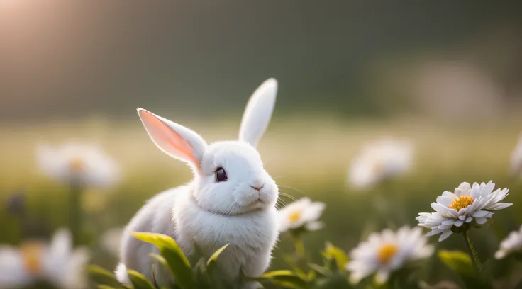 close-up photo of white rabbit in sunshine park，clean backdrop，depth of fields，largeaperture，photography of，butterflys，volume fo...