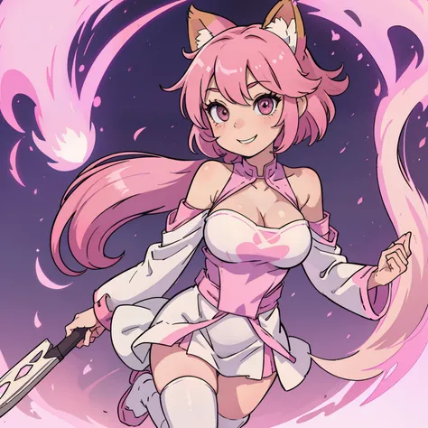 solo, girl, pink hair, shiny hair, short hair, miko costume, fox ears, fox tail, bare shoulders, detached sleeves, cleavage, white socks, smile, gorlden eyes, simple backgrounds, sanpaku eyes, big breasts,