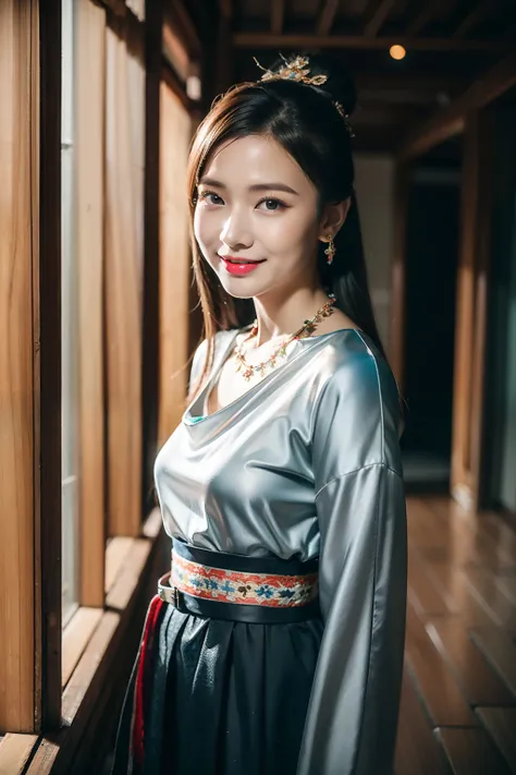 （8K分辨率，Vista full body photo），（1womanl，20yr old，（Facial features of Thai Aum：1.8，s delicate face），详细的脸，Redlip，Fair smooth skin，（Classic Hmong costume：1.4，（There are floral fabrics，The cuffs are multi-colored horizontal strips，Cardigans，Short waist long ver...