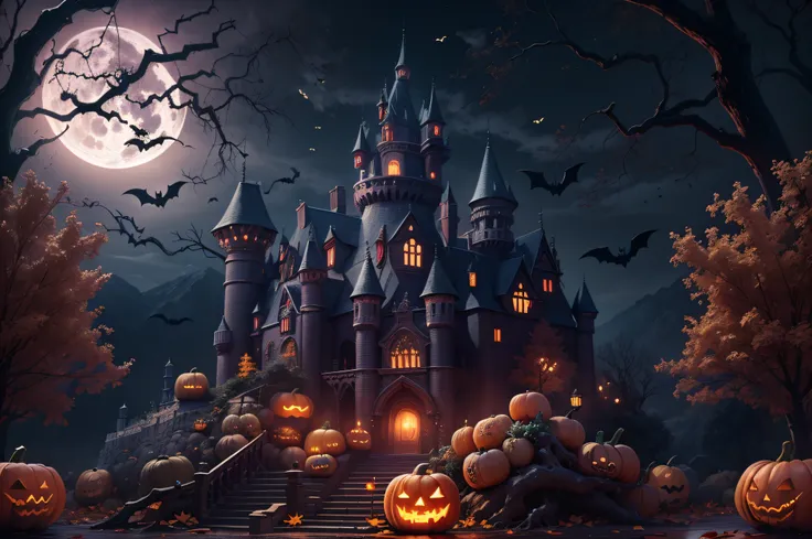 Moonlit Night Fantasy Fortress，Halloween Poster, pumpkins, the bats, withered huge branches, fullmoon, Ray tracing, Stacked chests, castle, Western castles、​masterpiece、top-quality、top-quality、realisitic、8k 、Highly detailed CG、hight resolution、ultra-detail...