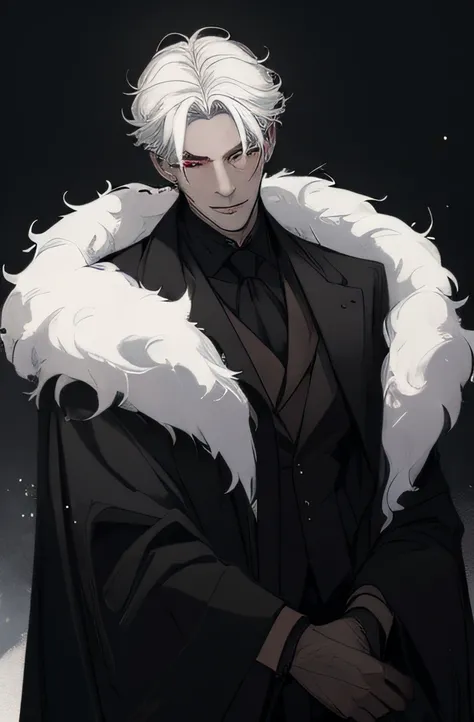 The vampire wears a long black coat，The coat fits snugly to its slender figure，It shows a mysterious and majestic atmosphere。The collar of his coat stands high，Cover his neck，It gives a gloomy feeling。The fabric on his body reveals a looming pattern，As if ...