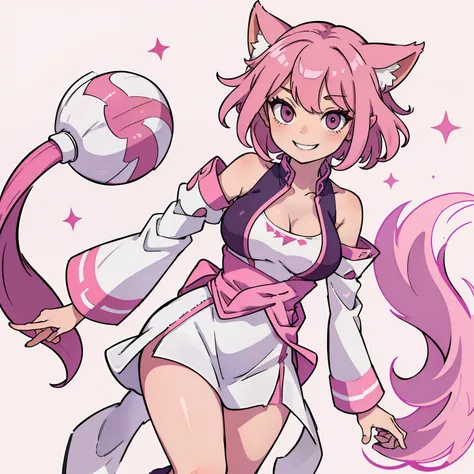 solo, girl, pink hair, shiny hair, short hair, miko costume, fox ears, fox tail, bare shoulders, detached sleeves, cleavage, white socks, smile, gorlden eyes, simple backgrounds, sanpaku eyes, big breasts,