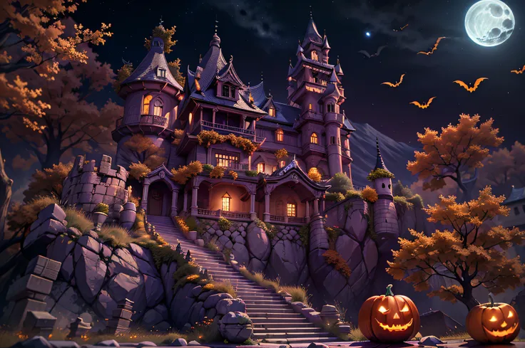 halloween、huge full moon、halloween poster、pumpkins、the bats、​masterpiece、top-quality、top-quality、realisitic、8k 、highly detailed ...