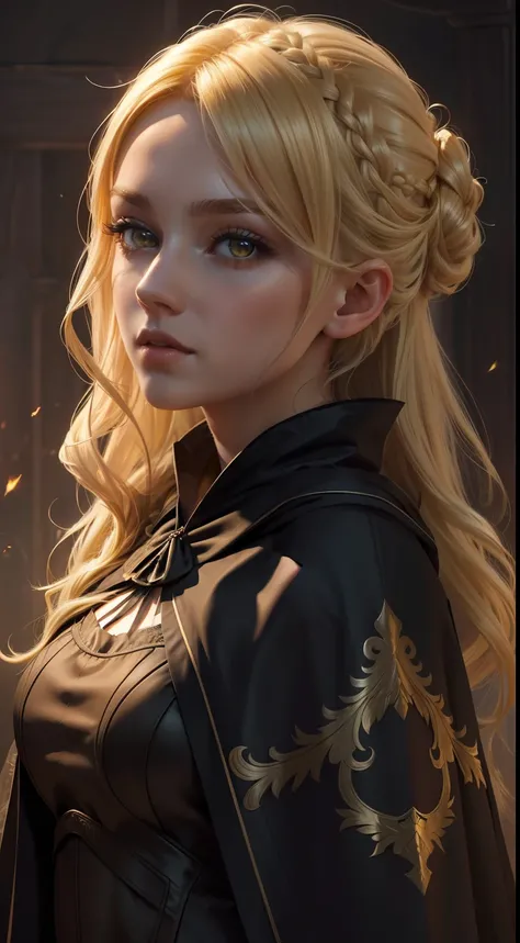 ((wallpaper 8k)), ((ultrarealistic)), ((high detailed)), ((masterpiece)), ((best quality:1.2)), 1girl, cloak, black dress, capelet, blonde hair, yellow eyes, breasts, updo hair, long hair