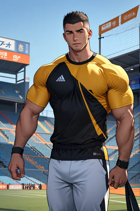 Draw a full-fledged athlete，Stand on the central field of the gym，He wears a high-end sportswear，The man looks confident and determined，looking-down，Crew cut，full bodyesbian，shooting from below，