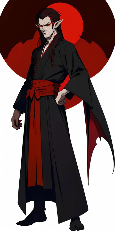 Black robe，red colour，Vampires，White skin of the，brunette color hair，red eyes，fang，pointy ears，