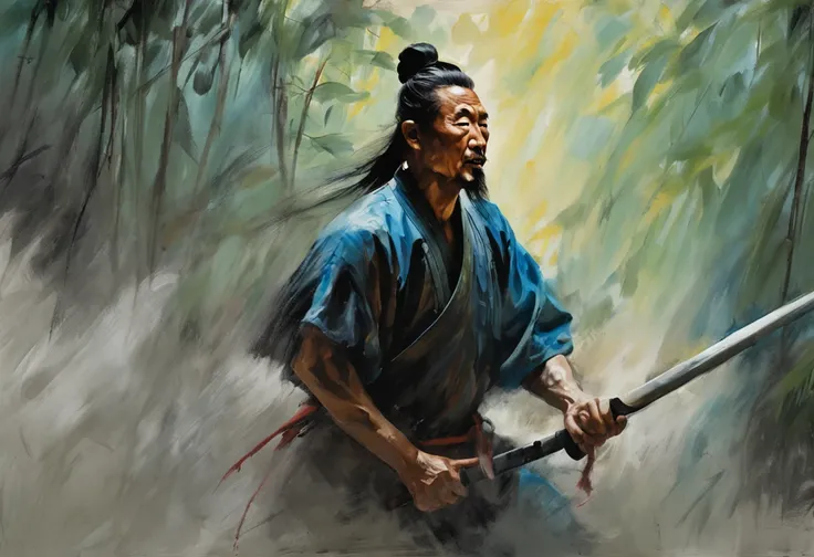 an extreme closeup shot:Chinese male warrior of the Song Dynasty，Hair soars，Wielding a blue light knife in his hand，With a murderous expression on his face。Fighting posture，Motion blur，perfect hand，Bamboo forest in the rain，lightand shade contrast，top view...