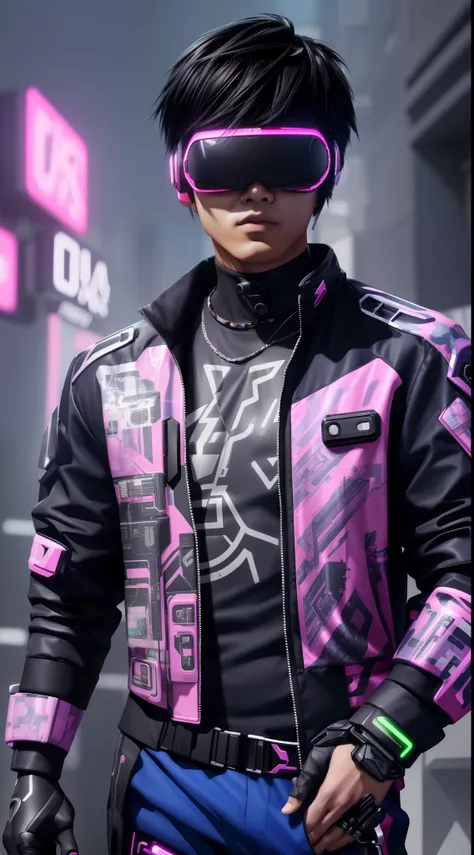 ((cyber punk perssonage)),Asian boys，Optical camouflage、vr goggles、Neon light、The future city，(The clothes are simple), (Best Impact:1.5), (Maximalism:1.7), Vivid Contrast, (Realistic), Hyper-realistic illustration, A high resolution, ultra - detailed, abs...