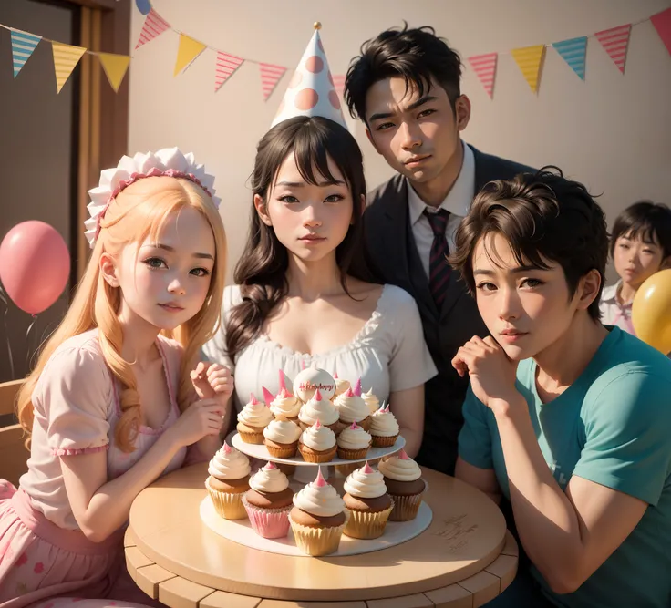 Three people posed for a photo with cupcakes, film promotional image, japanese live action movie, still from live action movie, Birthday party, live-action movie scenes, 8k octan advertising photo, celebrating a birthday, happy birthay, in birthday party, ...