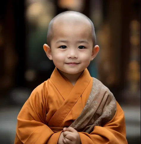 arafed child in a robe standing in front of a building, buddhist monk, monk clothes, portrait of monk, wearing brown robes, monk, Serene expression, Buddhist, 2 1 st century monk, portrait shooting, a serene smile, little boy wearing nun outfit, peaceful e...