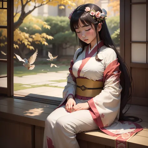 A beautiful Asian girl, with her eyes closed, waiting for a Muse to come upon her like. There are doves descending from the sky. She wears kimono, her hands are hidden in the sleeves.