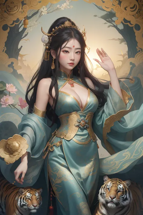 an ancient Chinese goddess, guanyin of the southern seas, Guanyin, Inspired by China, Avalokiteshvara rides a tiger，,Serene expression,shui mo hua,Buddha,Buddhist,Lotus,Chinese painting style,Thangka style