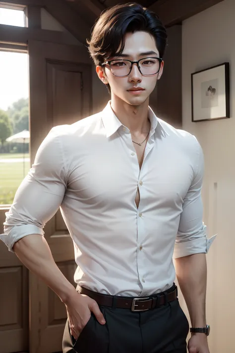 Young handsome young man sunny and sunny，White，Bring glasses，white  shirt，Party，Field inspections