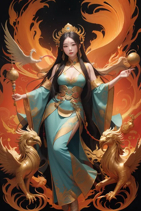 an ancient Chinese goddess, guanyin of the southern seas, Guanyin, Inspired by China, Avalokiteshvara rides a phoenix，,Serene expression,shui mo hua,Buddha,Buddhist,Lotus,Chinese painting style,Thangka style