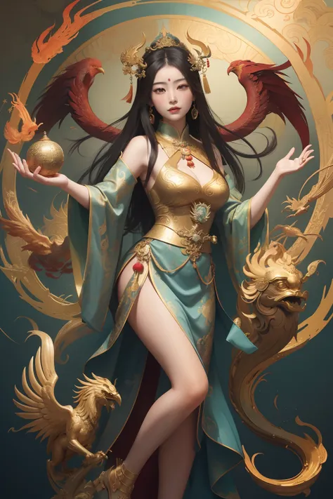 an ancient Chinese goddess, guanyin of the southern seas, Guanyin, Inspired by China, Avalokiteshvara rides a phoenix，,Serene expression,shui mo hua,Buddha,Buddhist,Lotus,Chinese painting style,Thangka style