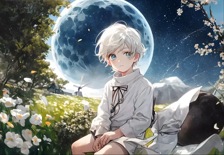 A young boy with，Anime little boy sitting on the moon，Shota，adolable，Meticulous hand drawing，Meticulous facial portrayal，whaite hair，White pupils，White cat