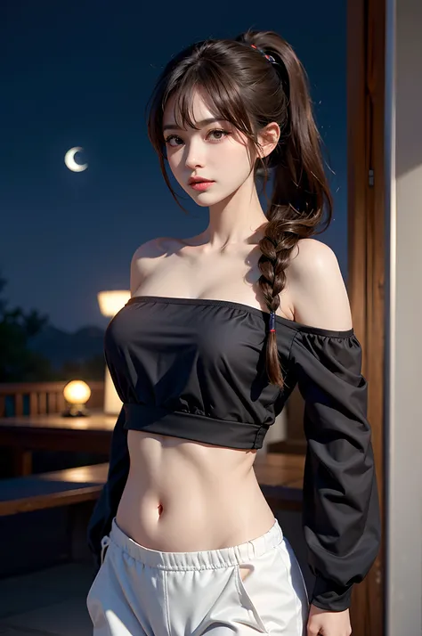 best qualtiy，sface focus，Look directly at your audience，Gentle light，（depth of fields），The ultra-Highres，（Photorealcitic：1.4），Raw-Photo，Big Chest，red underwear，Open your belly button，bare shoulder，By Bangs，Long ponytail hairstyle，（portrait of a：1.4），（From ...