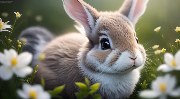 Close-up photo of a rabbit in a fairy tale kingdom，，depth of fields，largeaperture，photography of，volume fog，Halo，blooms，Dramatic atmosphere，at centre，the rule of thirds，200 mm 1.4F macro shooting