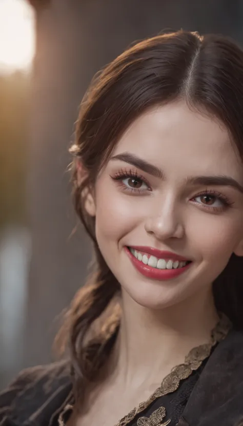 1 young girl standing in front，ssmile，A happy look on his face，There was a vampire behind the girl with its mouth open，Showing fangs，cowboy lens，Cinematic lighting effects