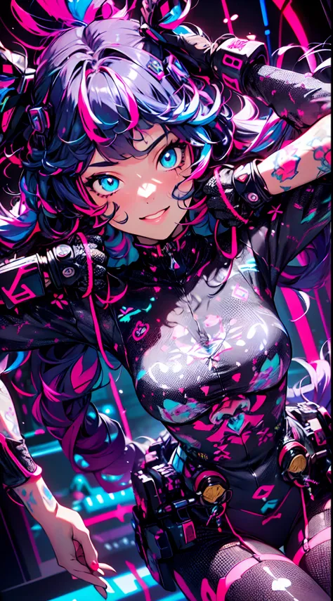 ((cyberpunked)),Optical camouflage、VR Goggles、Neon light、City of the Future、Glowing jumpsuit、(1girl in, Solo:1.6),(Cute smile),(Clothes are simple), (Best Impact:1.5), (maximalism:1.7), Vivid contrast, (Realistic), hyperrealistic illustrations, hight resol...