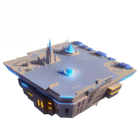 A floating island in sci-fi style，The city of the future，fanciful，low poly，Blue color scheme，blue glowing