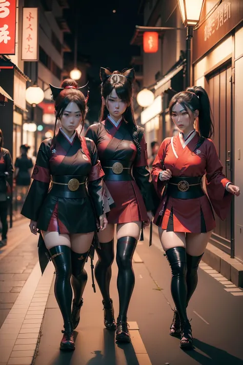 tres japonesas fazendo cosplay de kunoichi na rua em uma noite bastante chuvosa